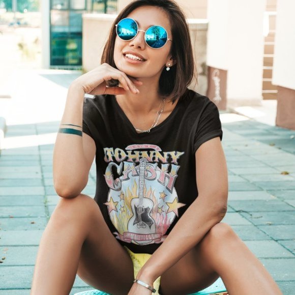 Tops - Johnny Cash Pastel Short Sleeve Cotton Graphic T-shirt
